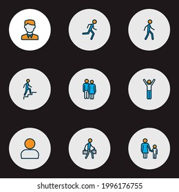 Human icons colored line set with profile, couple, man with bags and other happy boy elements. Isolated vector illustration human icons.