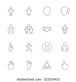 Human icons. Male and female symbols. Infant toddler and pregnant woman. Happy smile face. Success deal handshake. Outline line icons on white background. Vector