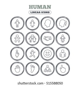 Human icons. Male and female symbols. Infant toddler and pregnant woman. Happy smile face. Success deal handshake. Circle flat buttons with linear. Vector