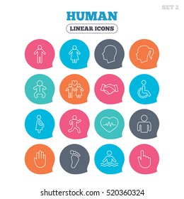 Human icons. Male and female symbols. Infant toddler and pregnant woman. Wheelchair for disabled. Success deal handshake. Flat speech bubbles with linear icons. Vector