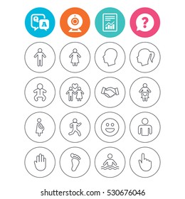 Human icons. Male and female symbols. Infant toddler and pregnant woman. Happy smile face. Success deal handshake. Report document, question and answer icons. Web camera sign. Vector