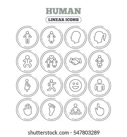Human icons. Male and female symbols. Infant toddler and pregnant woman. Happy smile face. Success deal handshake. Circle flat buttons with linear icons. Vector