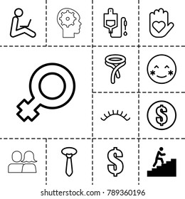 Human icons. set of 13 editable outline human icons such as man climbing stairs, eyelashes, tie, money, dollar, blush, woman symbol, heart on hand, drop counter