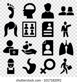 Human icons. set of 16 editable filled human icons such as man and woman, man with laptop, worker, resume, hand holding heart, lungs, photo for passport, foot print, female