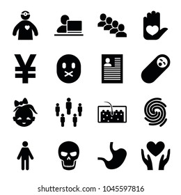 Human icons. set of 16 editable filled human icons such as man, newborn child, yuan, group, hair, stomach, doctor with medical reflector, finger print, skull, baby girl