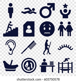 Human icons set. set of 16 human filled icons such as baby basket, male, man, eyelashes, toothbrush, sad emot, ear, man working at the table, trampoline, man climbing stairs