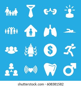 Human icons set. set of 16 human filled icons such as heart, tie, man in home, kidney, group, tooth, meeting, running, user bulb, swimmer