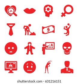 Human icons set. set of 16 human filled icons such as baby, female, lips, exercising, tie, digging man, sad emot, businessman, x-ray on display, heartbeat search