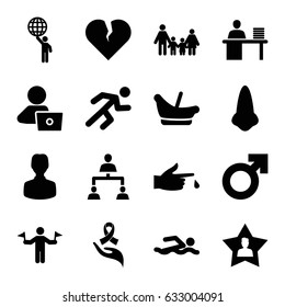 Human icons set. set of 16 human filled icons such as man with flags, baby basket, nose, man with laptop, running, injured finger, ribbon on hand, favourite user, structure