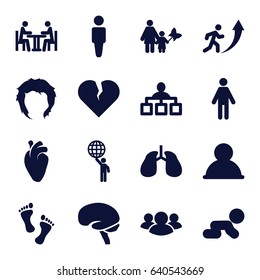 Human icons set. set of 16 human filled icons such as man, hairstyle, structure, heart organ, lungs, brain, group, meeting, foot, man going up, man holding globe, user