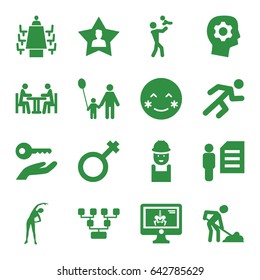 Human icons set. set of 16 human filled icons such as exercising, worker, digging man, blush, male, running, x-ray on display, favourite user, meeting, man and document