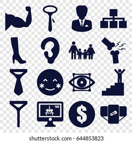 Human icons set. set of 16 human filled icons such as diaper, ear, woman boot, tie, blush, muscle, x-ray on display, broken leg or arm, businessman, eye scan, man on stairs