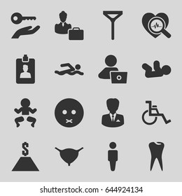 Human icons set. set of 16 human filled icons such as baby, man, tie, man with laptop, sad emot, tooth, bladder, heartbeat search, wheel chair, clipboard