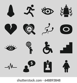 Human icons set. set of 16 human filled icons such as disabled, soap, nose, eye, heartbeat, heartbeat search, sperm, clipboard, meeting, stair, man holding globe