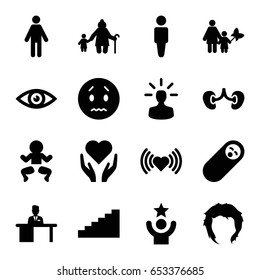 Human icons set. set of 16 human filled icons such as man, hairstyle, heart, sad emot, kidney, man working at the table, eye, user bulb, stairs, celebrity, mother and son