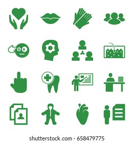 Human icons set. set of 16 human filled icons such as baby, gloves, resume, head bang emot, middle finger, heart organ, love, group, hair, dental care