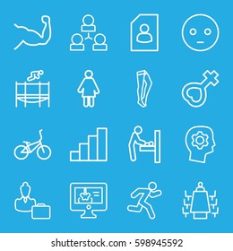 human icons set. Set of 16 human outline icons such as baby changing room, tights, muscle, female, x-ray on display, meeting, trampoline, stair, running