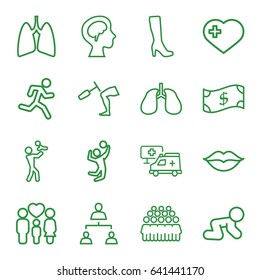 Human icons set. set of 16 human outline icons such as baby crawl, woman boot, group, heart with cross, lungs, family, love, human brain, knee hammer reaction check, hospital
