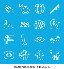 Human icons set. set of 16 human outline icons such as soap, baby, baby hands, woman boot, dollar, toothbrush, group, holding globe, family, woman, wheel chair, teacher