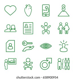 Human icons set. set of 16 human outline icons such as baby, man and woman, structure, heart organ, heart, eye, user bulb, muscular arm  on phone, resume, family, key on hand