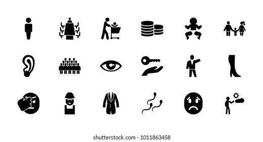 Human icons. set of 18 editable filled human icons: man, worker, newborn child, father with not in shopping cart, sperm, meeting, jacket, key on hand, ear, woman boot