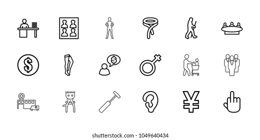 Human icons. set of 18 editable outline human icons: ear, tights, tie, group, money, middle finger, yuan, male, man working at the table, photo for passport