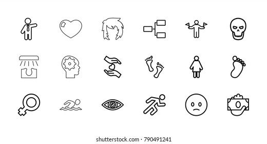 Human icons. set of 18 editable outline human icons: man with flags, foot print, businessman, sad emot, woman, woman symbol, money in hand, hands holding heart, running