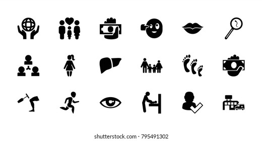 Human icons. set of 18 editable filled human icons: baby changing room, user and tick, family, money in hand, liver, holding globe, love, search sperm
