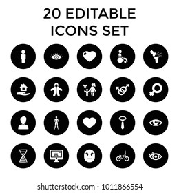 Human icons. set of 20 editable filled human icons such as eye, home care, tie, woman symbol, male and female, x-ray on display. best quality human elements in trendy style.