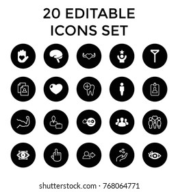 Human icons. set of 20 editable filled and outline human icons such as man, tie, head bang emot, heart on hand, brain, eye, user group, celebrity, eye scan, hand with seeds