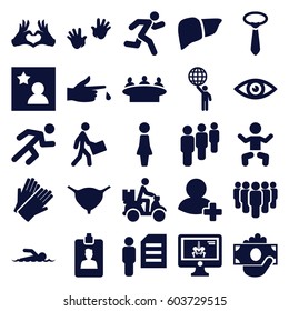 Human icons set. set of 25 human filled icons such as baby, baby hands, woman, gloves, tie, group, liver, bladder, courier, courier on motorcycle, heart tag, add friend