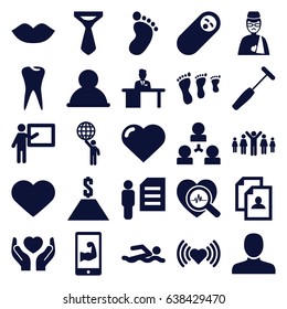 Human icons set. set of 25 human filled icons such as foot print, heart, man, lips, tie, resume, tooth, hands holding heart, man with broken arm, heartbeat search