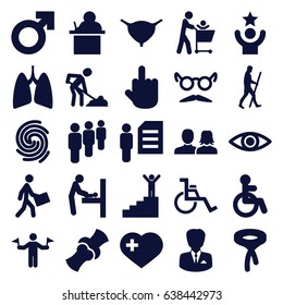 Human icons set. set of 25 human filled icons such as man with flags, baby changing room, disabled, man and woman, tie, mustache and glasses, digging man, middle finger
