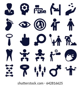Human Icons Set. Set Of 25 Human Filled Icons Such As Hand With Seeds, Man With Flags, Baby Changing Room, Baby, Foot Print, Tie, Businessman, Digging Man, Facepalm Emot