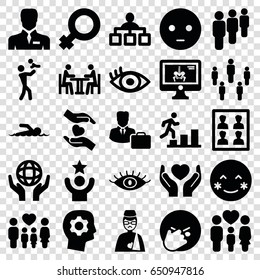 Human icons set. set of 25 human filled icons such as eye, structure, blush, sad emot, facepalm emot, holding globe, businessman, hands holding heart, family