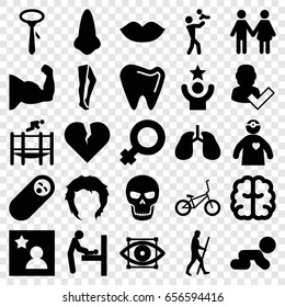 Human icons set. set of 25 human filled icons such as baby changing room, nose, lips, hairstyle, tights, tie, brain, lungs, doctor with medical reflector, tooth, trampoline