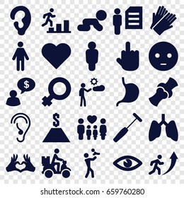 Human icons set. set of 25 human filled icons such as ear, gloves, sad emot, middle finger, stomach, bone, eye, courier on motorcycle, family, heart tag, man, medical hammer