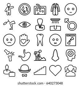 Human Icons Set. Set Of 25 Human Outline Icons Such As Nose, Girl, Hair Removal, Businessman, Gear In Head, Digging Man, Tooth, Eye, X Ray, Woman, Hair