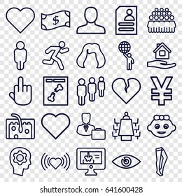 Human icons set. set of 25 human outline icons such as baby girl, man, hairstyle, heart, home care, tights, group, resume, eye, x ray, hair, x-ray on display, meeting, running