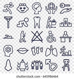 Human icons set. set of 25 human outline icons such as disabled, baby girl, baby crawl, nose, hair removal, no bleaching, tie, tooth, holding globe, love, male, human brain