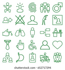 Human icons set. set of 25 human outline icons such as baby, man, exercising, no bleaching, tie, stomach, lungs, disabled, courier on motorcycle, family, heart, injured finger