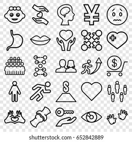Human icons set. set of 25 human outline icons such as baby girl, baby hands, man and woman, lips, dollar, group, heart with cross, stomach, bone, heart on hand, running