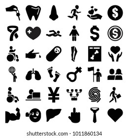 Human icons. set of 36 editable filled human icons such as nose, tights, money, middle finger, heart, newborn child, family structure, yuan, swimming man, lungs, heart on hand