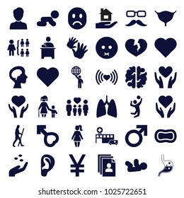 Human icons. set of 36 editable filled human icons such as hand with seeds, baby, male, structure, heart, sad emot, hand with heart, crawling baby, family, human brain, lungs