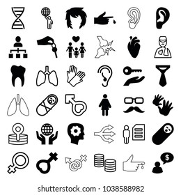 Human icons. set of 36 editable filled and outline human icons such as tie, gear in head, woman, newborn child, heart organ, female, injured finger, ear, hand with key