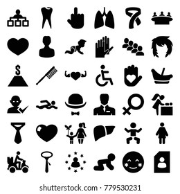 Human icons. set of 36 editable filled human icons such as baby, baby basket, toothbrush, tie, structure, group, resume, blush, middle finger, woman, heart on hand, user