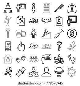 Human icons. set of 36 editable outline human icons such as baby hands, woman, man, toothbrush, tie, resume, money, user, teacher, middle finger, running man, swimming man