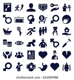 Human Icons Set. Set Of 36 Human Filled Icons Such As Baby Basket, Baby Crawl, Female, Man, Hair Removal, Dollar, Home Care, Businessman, Facepalm Emot, X Ray
