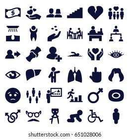 Human icons set. set of 36 human filled icons such as hand with seeds, soap, baby crawl, man and woman, hair removal, hairstyle, eye, businessman, table, mustache and glasses