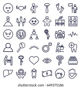 Human icons set. set of 36 human outline icons such as baby changing room, baby, eye, eyelashes, tie, businessman, group, heart with muscles, liver, holding globe, family